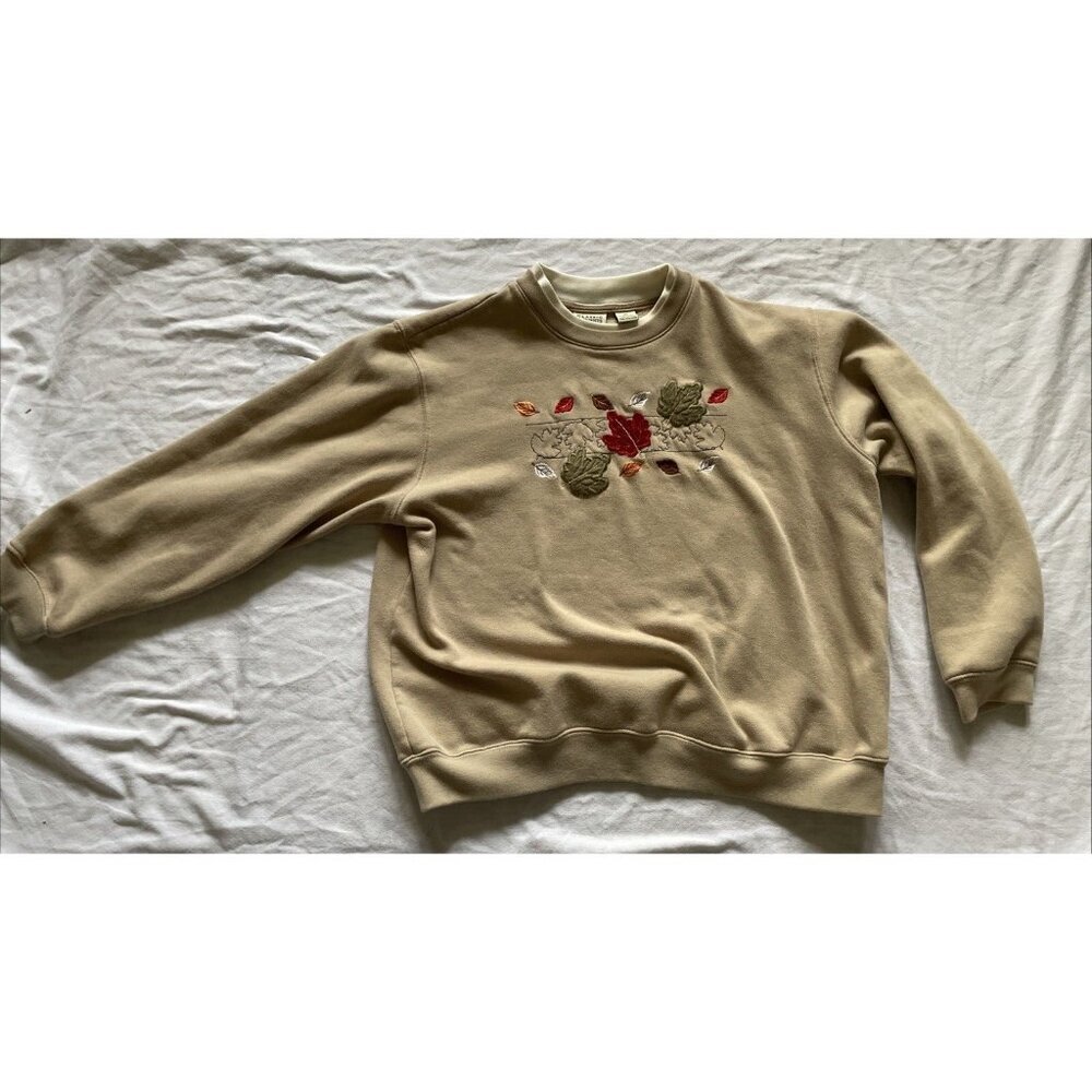 Classic Elements Beige Sweatshirt W/ Fall Leaf Embroidery XL 60% Cotton 40% Poly